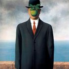 Surreal painting: man with fish, waves, sea & formal attire