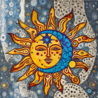 Vibrant sun illustration with human-like face and starry background