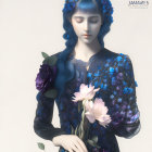 Ethereal woman with blue flowers in floral dress holding pink flower