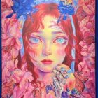 Vibrant pink and blue floral portrait of a serene woman