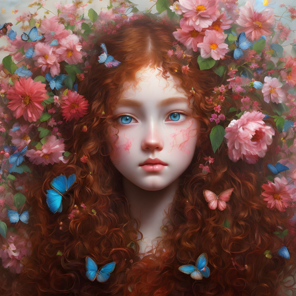 Surreal portrait: Girl with red wavy hair, vibrant flowers, blue butterflies