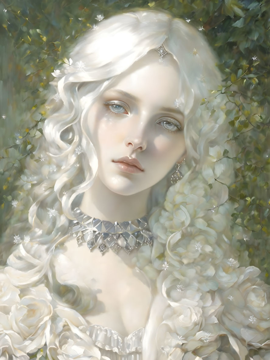 Ethereal portrait of woman with blonde hair in floral setting