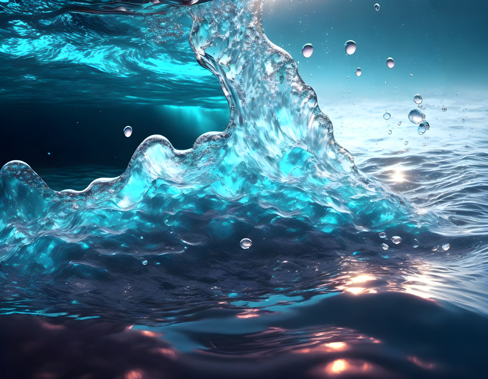 Crystalline water splash with suspended droplets on dark blue background