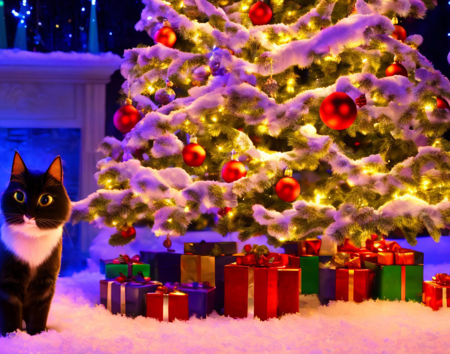 Cat with Christmas tree and gifts in festive room.