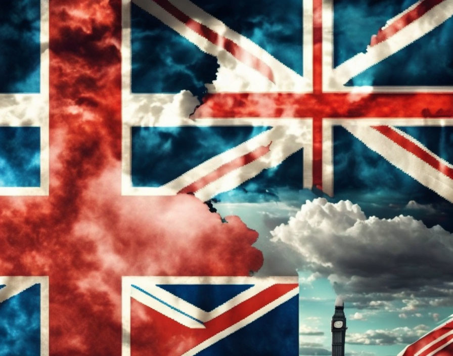 United Kingdom flag collage with dramatic sky and Big Ben silhouette.