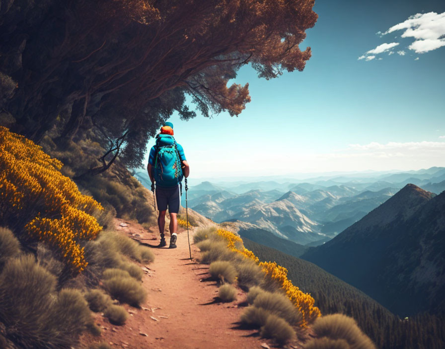 Hiker with blue backpack on mountain trail among wildflowers and pine trees