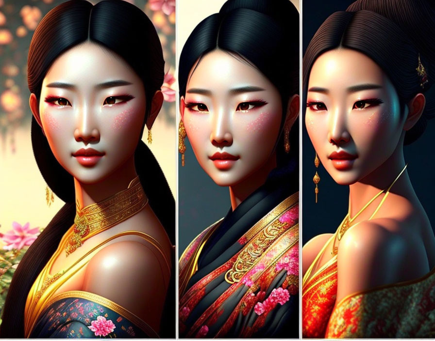 Stylized Asian woman portraits in traditional attire against floral backdrop