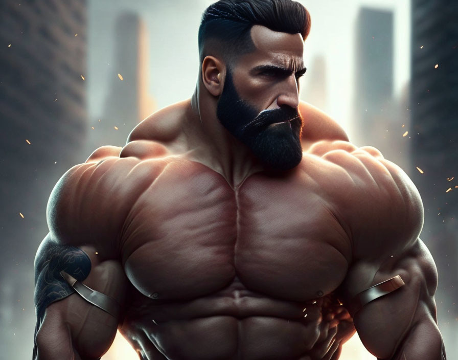 Hyper-muscular animated man with beard and tattoos in urban setting.