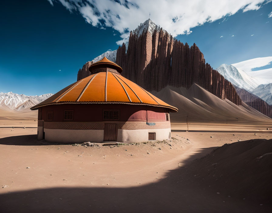 Round building with orange roof in desert landscape with sand dunes and mountains