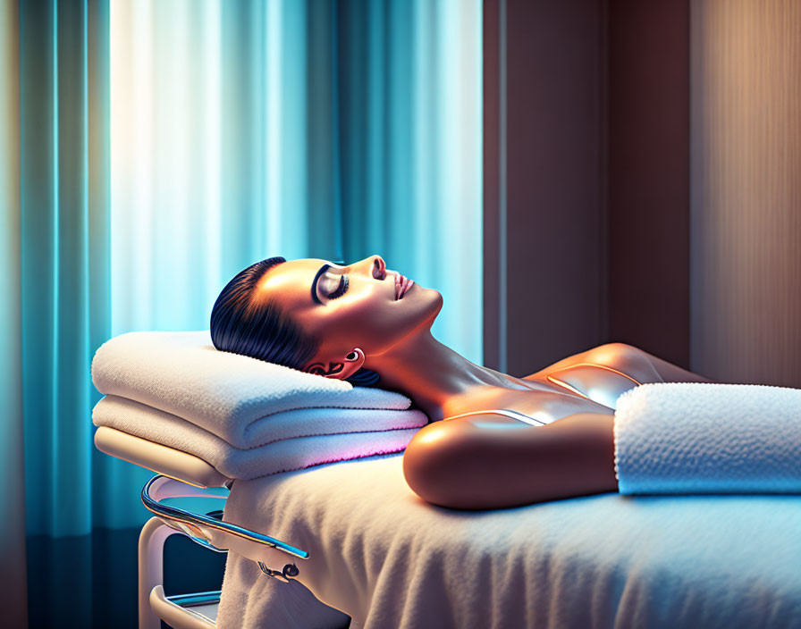 Woman relaxing at spa with serene blue ambiance and soft colorful lights