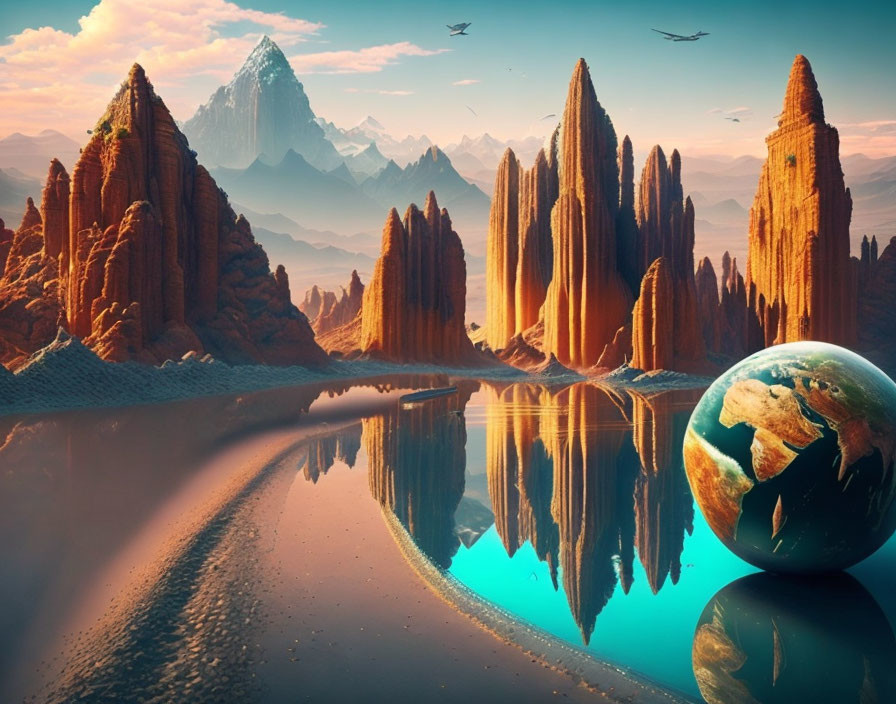 Futuristic landscape with towering rock formations and giant Earth globe