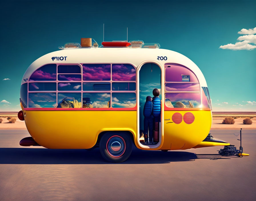 Yellow retro futuristic bus with large windows and person in desert landscape
