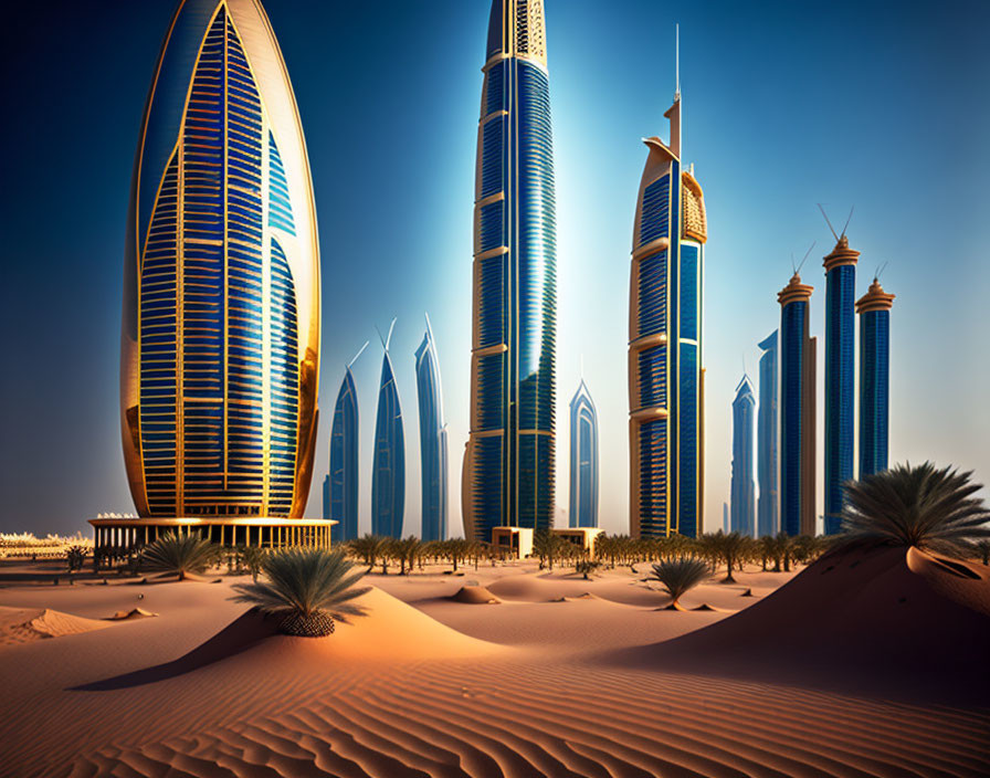 Futuristic skyline of towering skyscrapers in desert setting