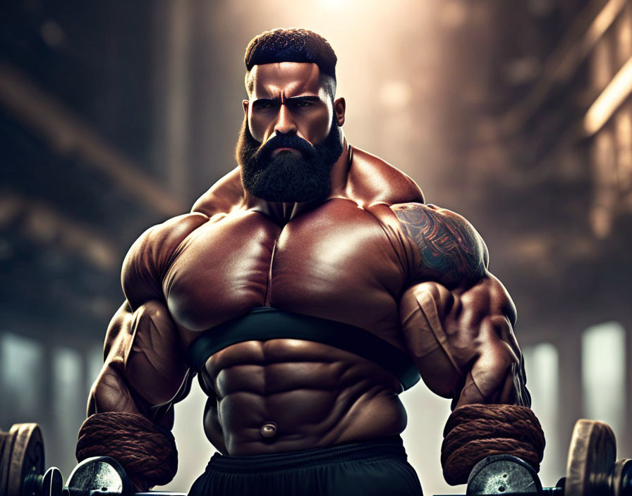 Muscular animated character with beard and tattoos lifting dumbbells in gym