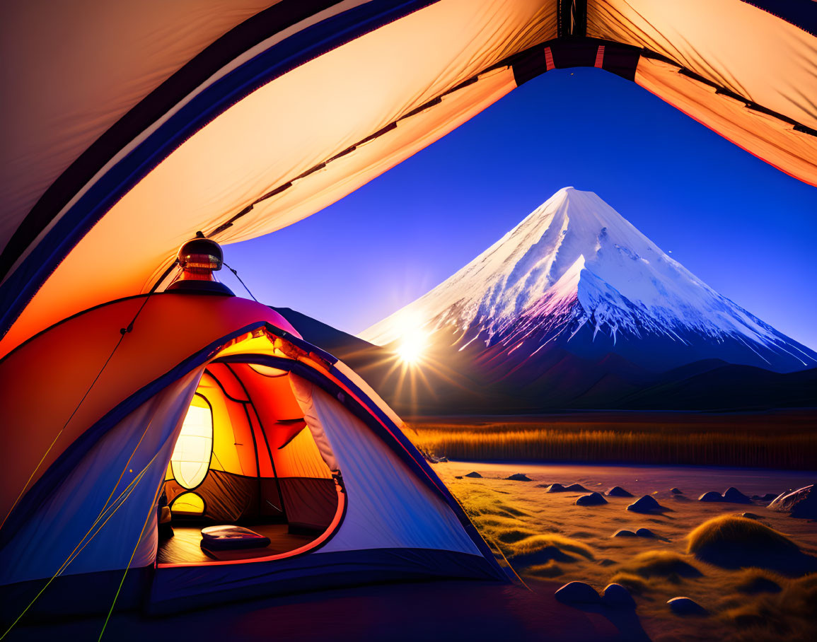 Snow-capped Mount Fuji at dusk from inside a tent