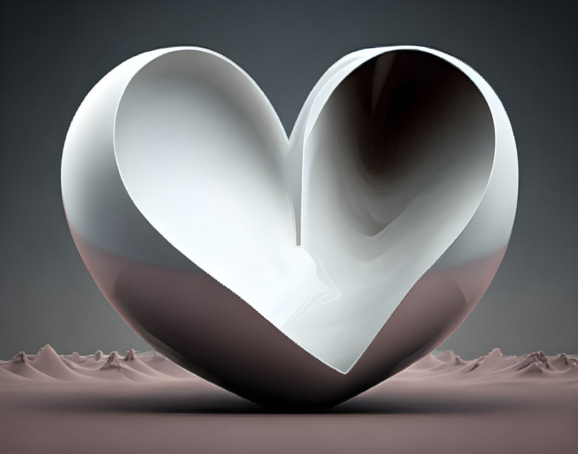 3D glossy heart-shaped object on muted rippled background