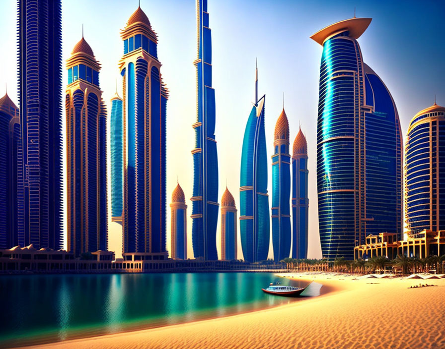 Modern skyscrapers and waterfront under clear blue sky