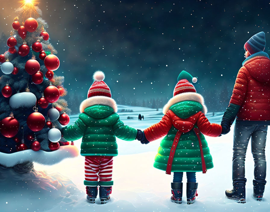 Family admires Christmas tree in snowy night scene