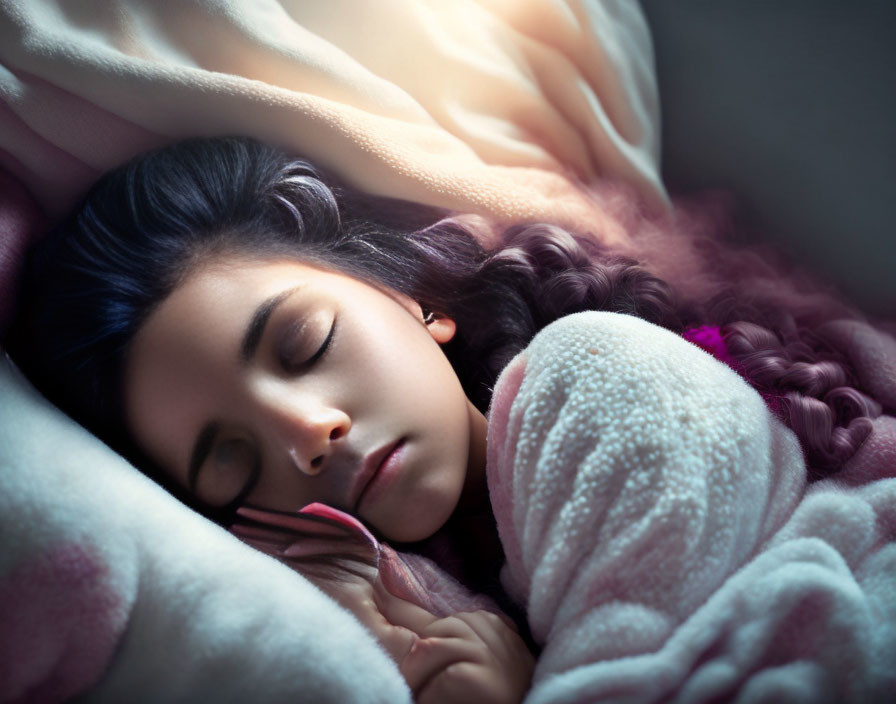 Young woman peacefully sleeping in warm lighting with braided hair.