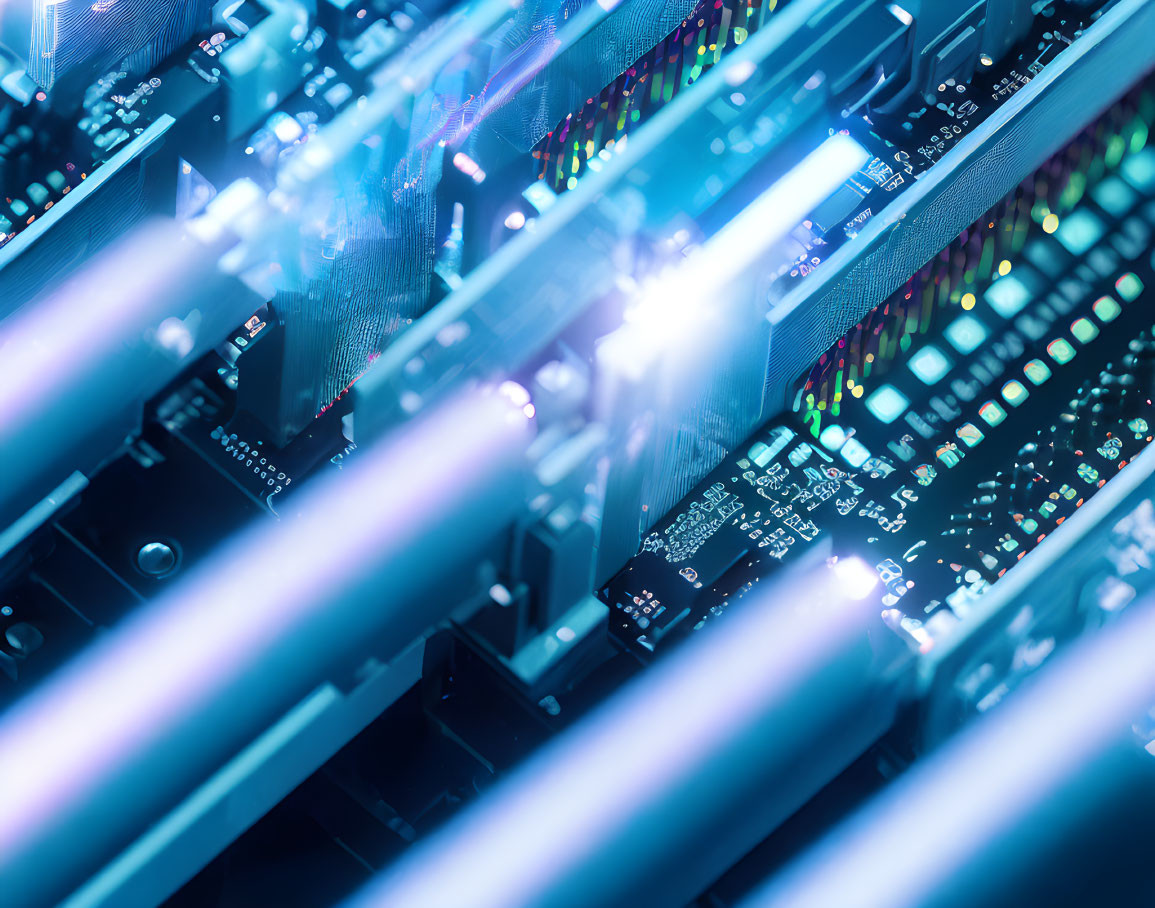 Detailed view of illuminated server rack showcasing intricate electronic components.