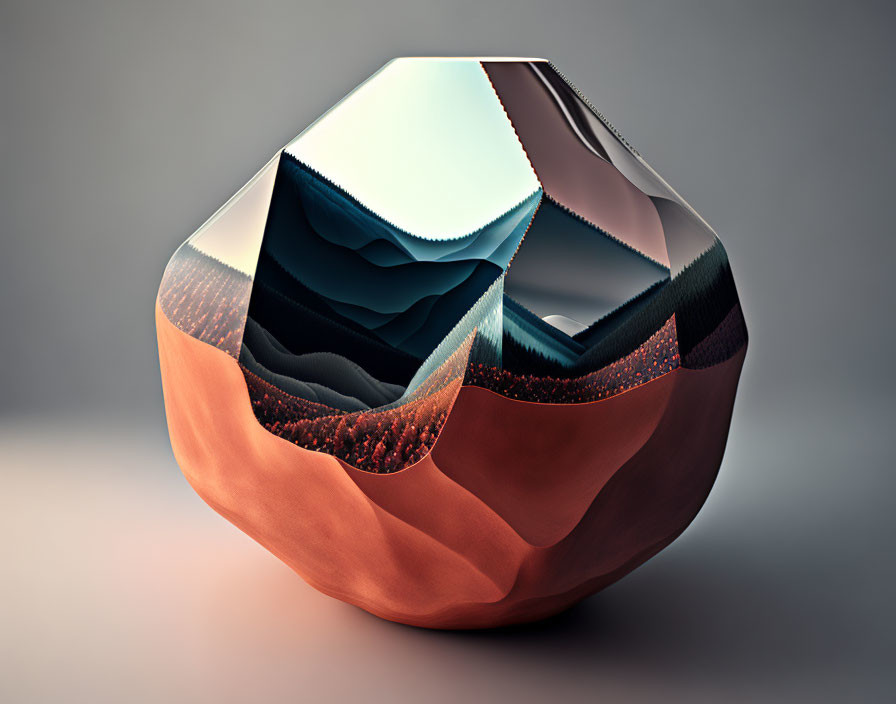 Polished Copper Geometric Sculpture with Abstract Landscape Textures