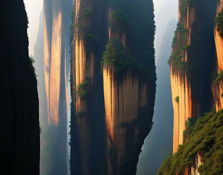 Majestic sandstone pillars in misty forest scenery