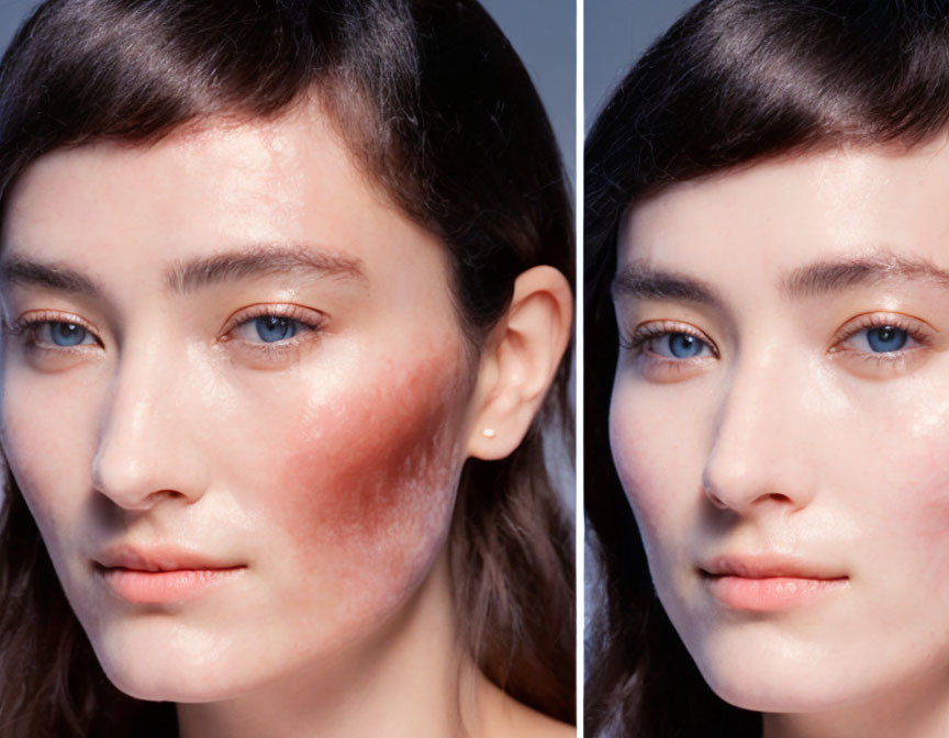 Woman's Face Before and After Skincare Treatment: Improved Texture, Reduced Redness