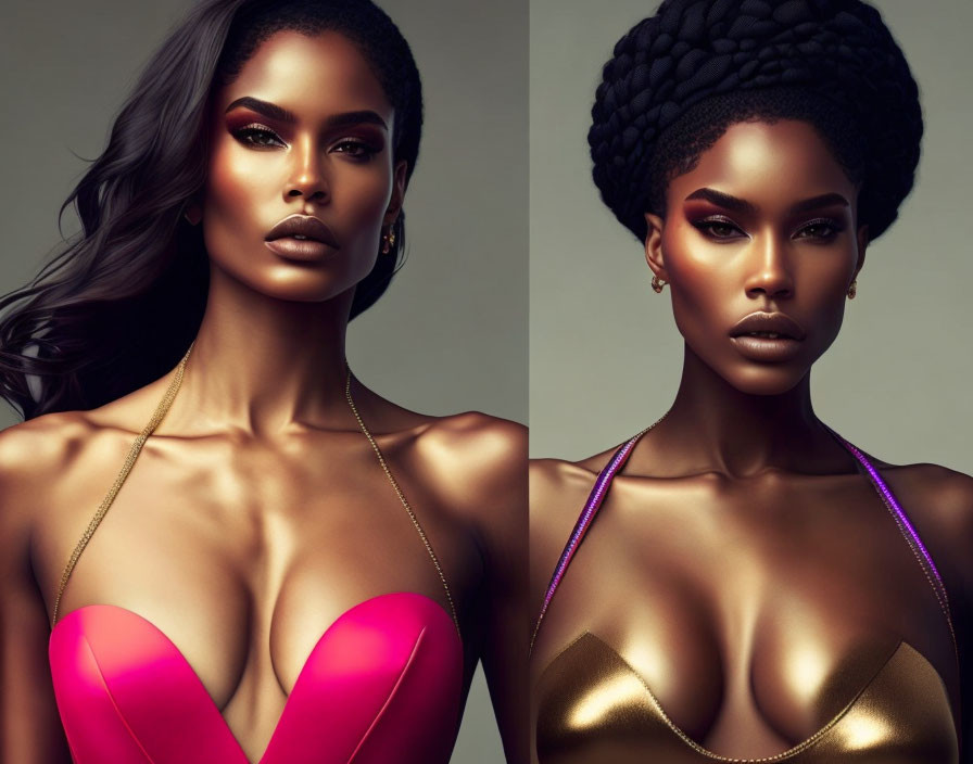 Two portraits: woman with varying hairstyles, makeup, pink & gold tops