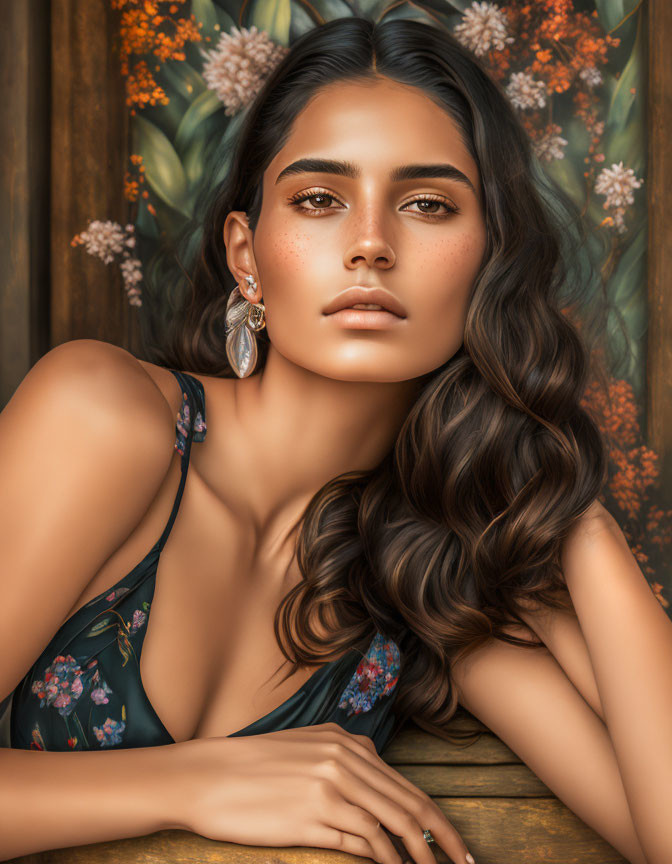 Young woman with wavy hair, freckles, earring, and floral background