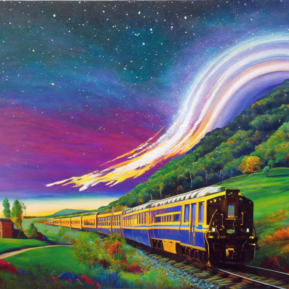 Colorful painting of train in lush landscape under starry sky