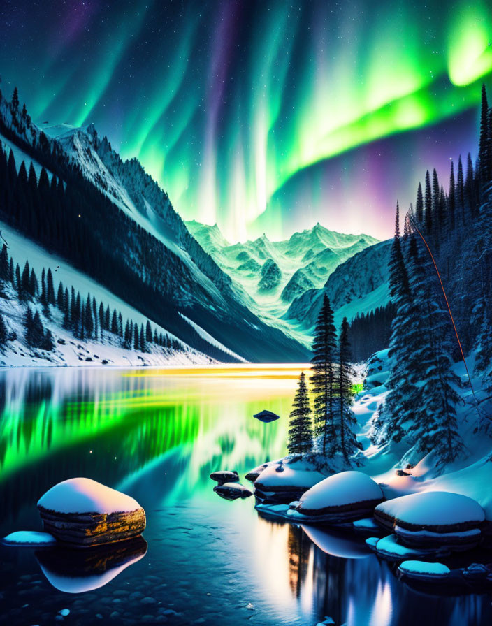 Majestic aurora borealis over snowy mountains and lake