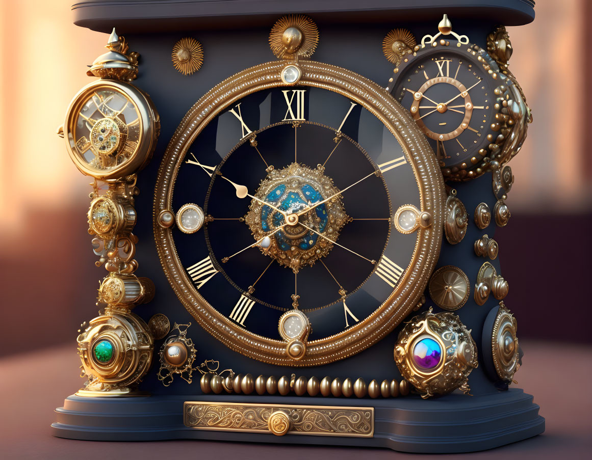 Steampunk-inspired ornate clock with Roman numerals and golden design