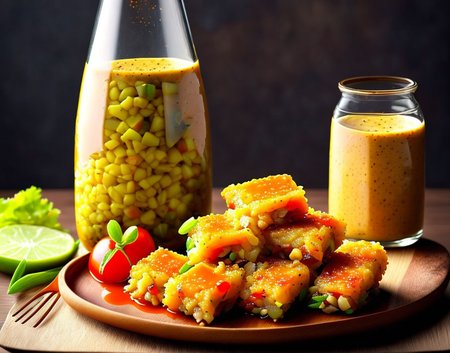 Yellow Sauce Bottle and Jar with Breaded Chicken, Sesame Seeds, Lime, and Tomato Plate