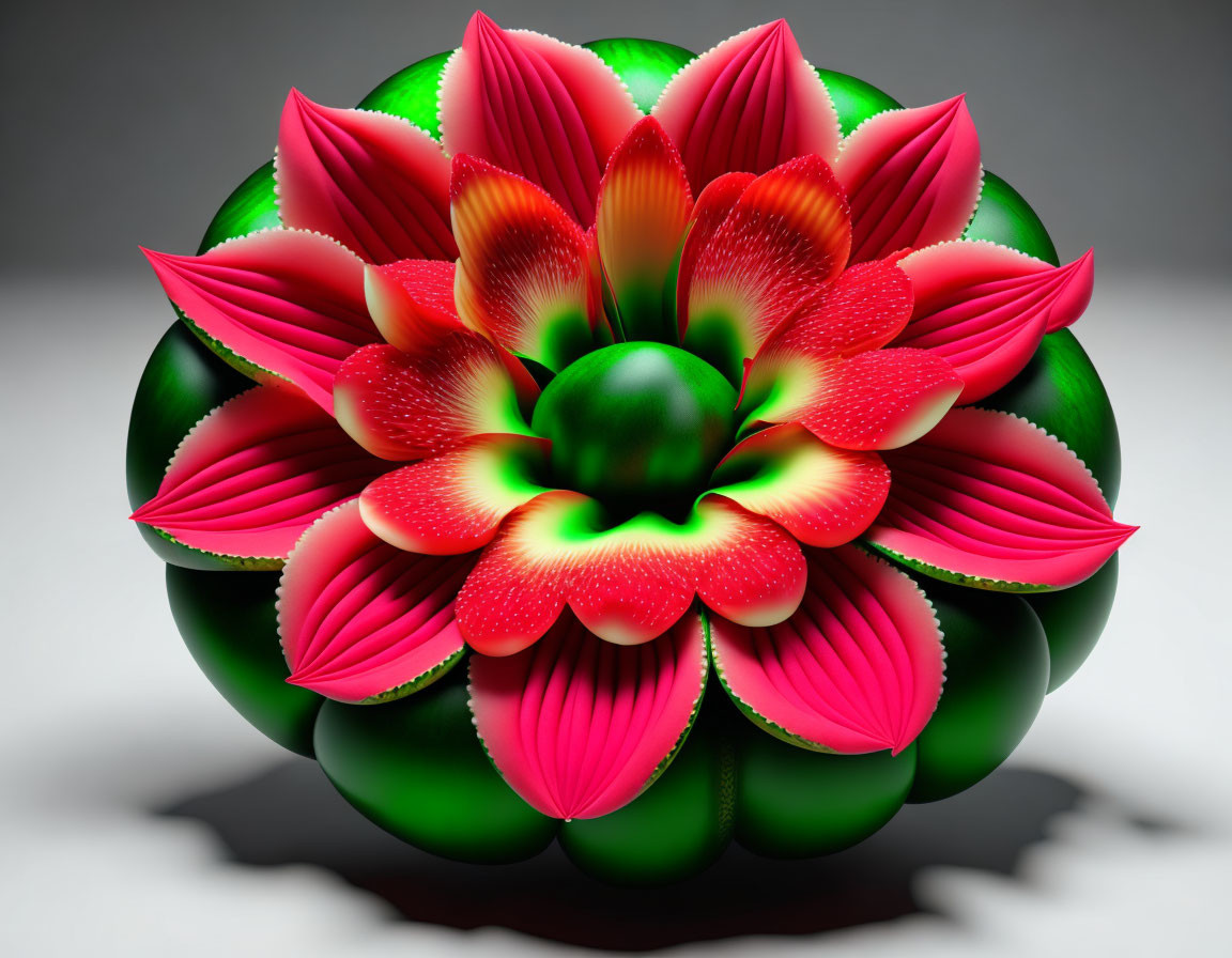 Colorful digital artwork: spherical object with flower-like pattern in green and pink-red.