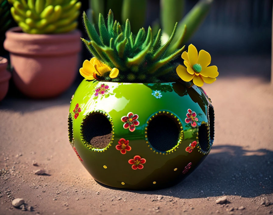 Decorated Green Flower Pot with Succulents and Yellow Flowers