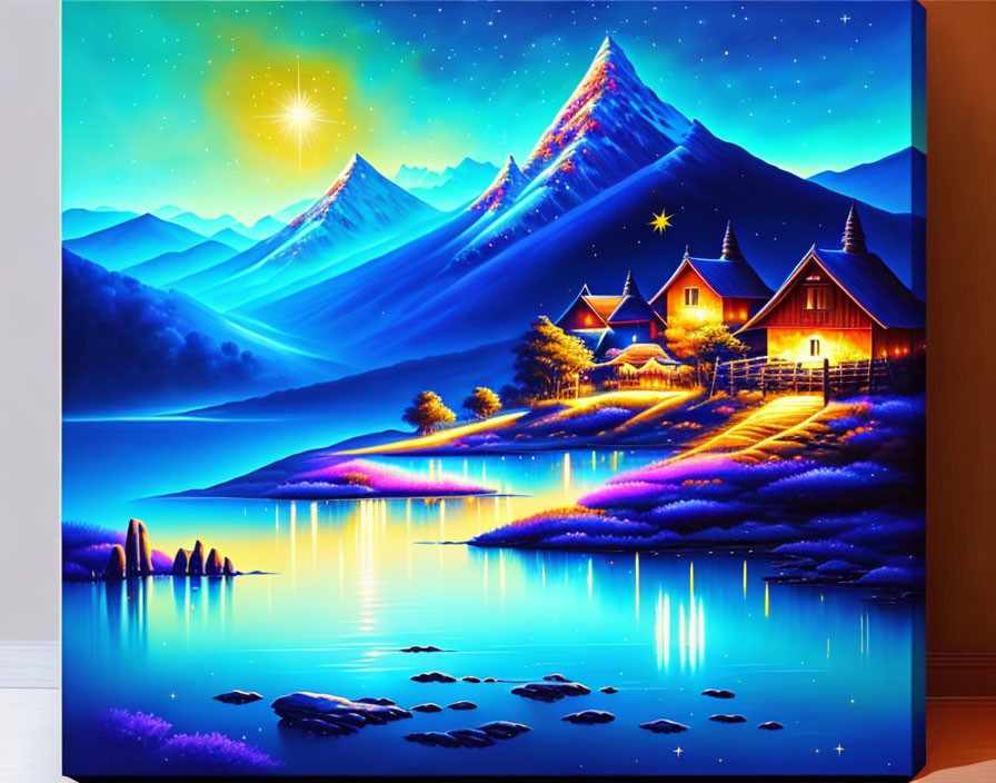 Colorful Starry Night Sky Painting with Mountain Landscape & Reflective Lake