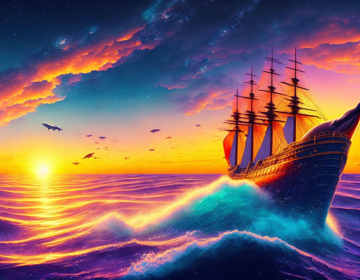 Majestic sailing ship with red sails on vibrant ocean waves at sunset