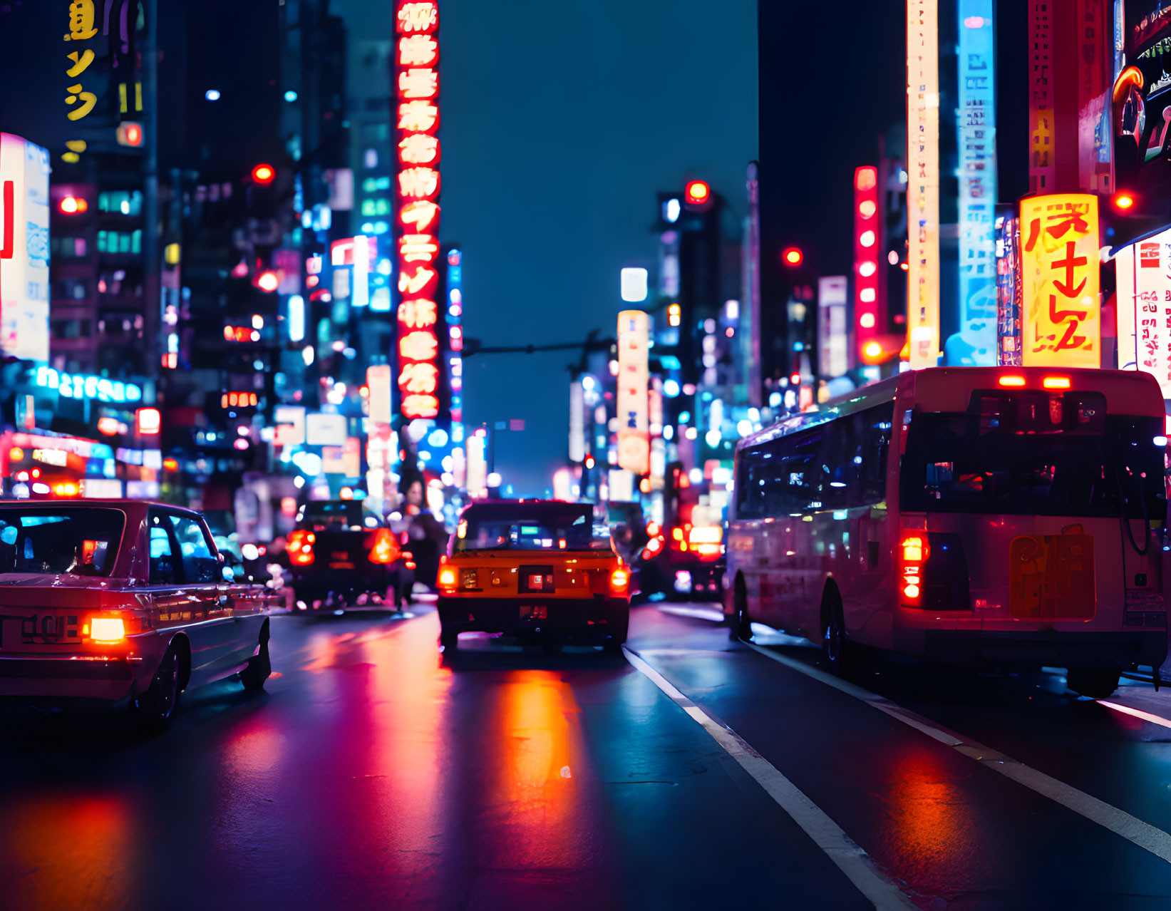 Vibrant neon-lit city street at night with cars and bus