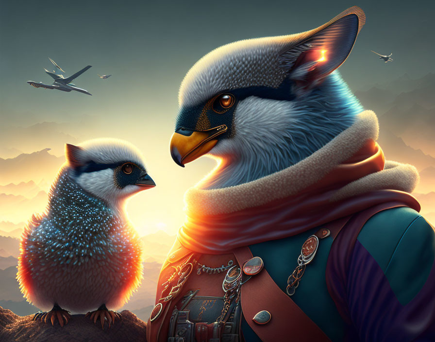 Anthropomorphic bird in decorated uniform with chick against mountain sunset.