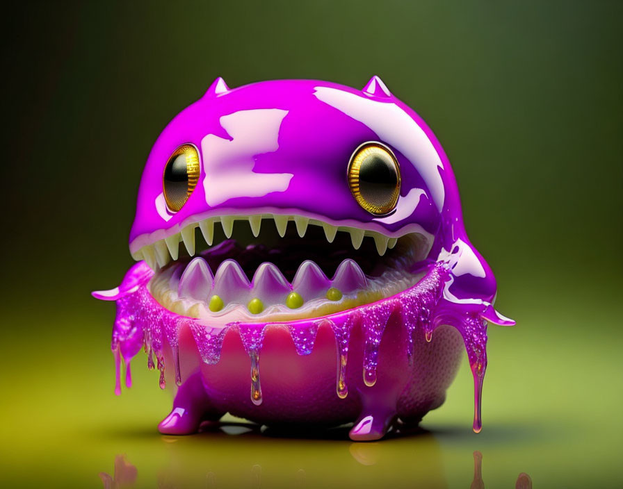 Purple Cartoon Monster with Yellow Eyes and Sharp Teeth on Green Background