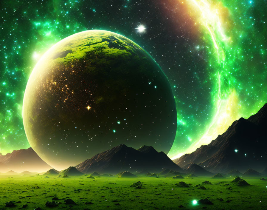 Vivid cosmic landscape with large green planet and starlit sky.