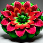 Colorful digital artwork: spherical object with flower-like pattern in green and pink-red.