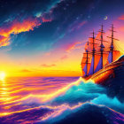 Majestic sailing ship with red sails on vibrant ocean waves at sunset