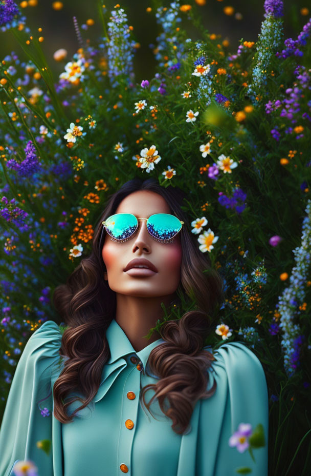 Stylish woman with sunglasses surrounded by colorful wildflowers