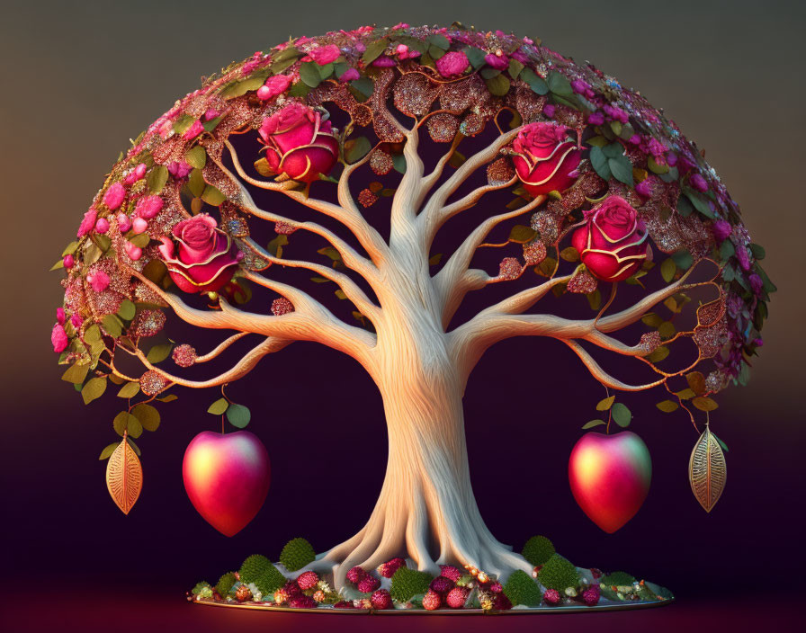 Whimsical tree with red roses, berries, and fruits on warm background