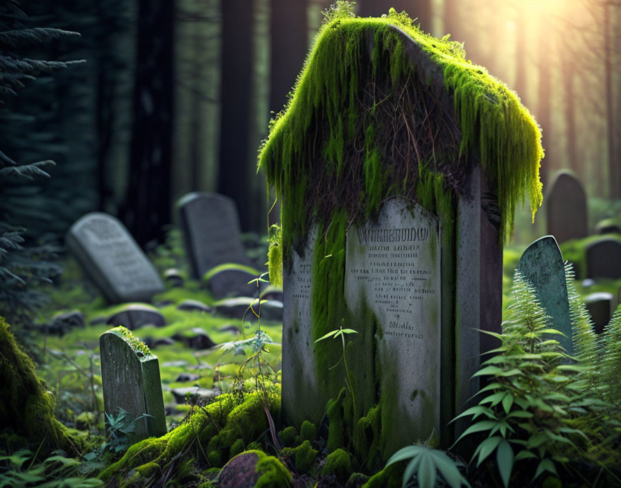 Moss-covered gravestone in peaceful forest cemetery