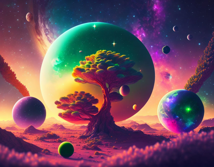 Colorful tree and planets in cosmic landscape.