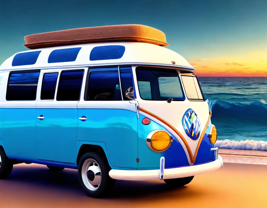 Vintage Volkswagen Camper Van on Beach at Sunset with Waves and Gradient Sky