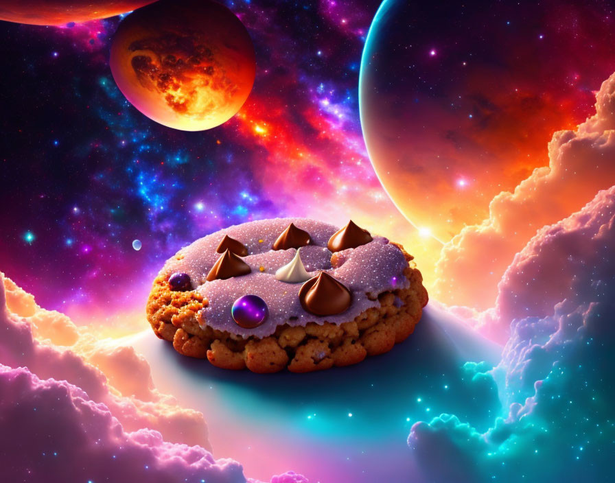 Chocolate Chip Cookie in Whimsical Cosmic Scene