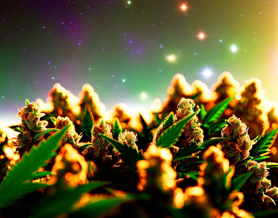 Vibrant cannabis buds against starry night sky